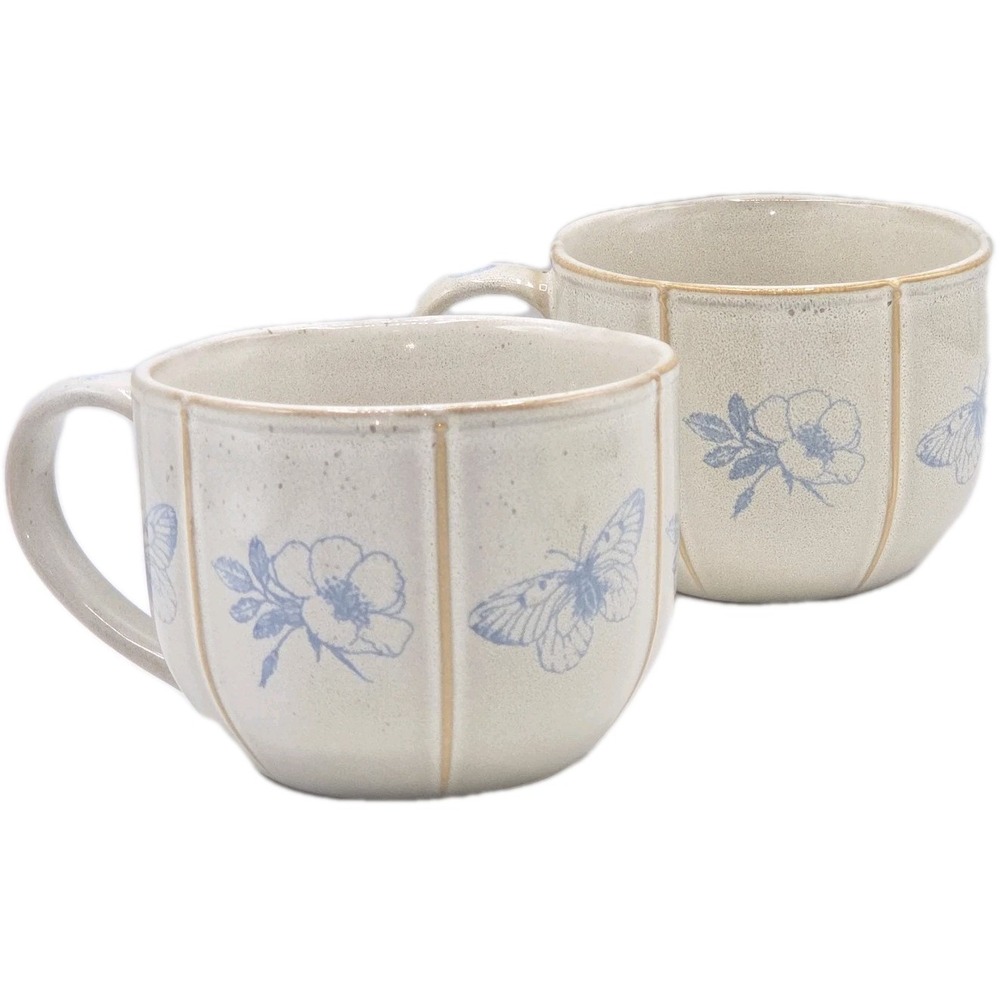 SH Home Set Of 2 Butterfly Botanical Print Ceramic Coffee Mug 19oz Beige Blue